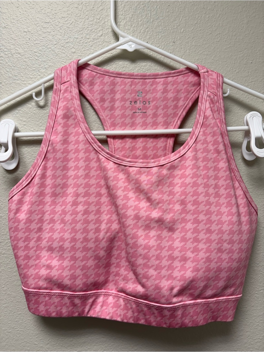 Zelos Women's Pink Houndstooth Racerback Pullover Wireless Sports Bra Size M